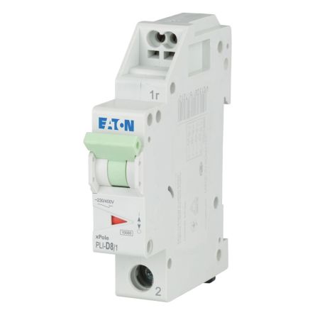 Eaton MCB, 1P, 8A Curve D, 230V AC, 10 kA Breaking Capacity [101262 PLI-D8/1]; 247-103