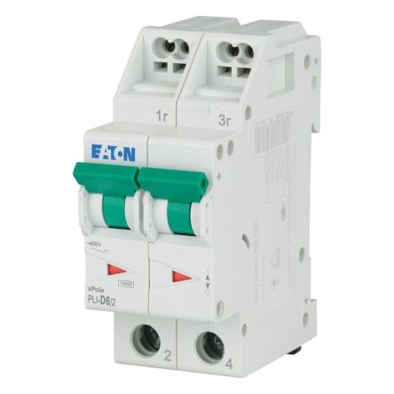 Eaton MCB, 2P, 6A Curve D, 400V AC, 10 kA Breaking Capacity [101303 PLI-D6/2]; 248-593
