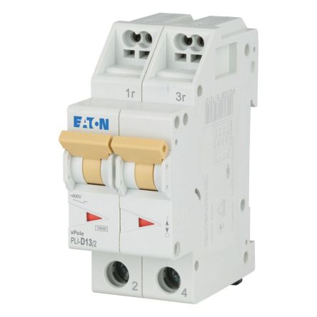 Eaton MCB, 2P, 13A Curve D, 400V AC, 10 kA Breaking Capacity [101306 PLI-D13/2]; 248-594
