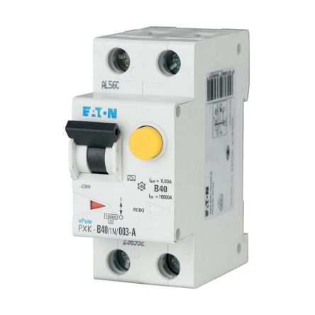 Eaton RCBO, 40A Current Rating, 1P + N Poles, 30mA Trip Sensitivity, Type B, xPole Range [193538 PXK-B40/1N/003-F]; 251-167