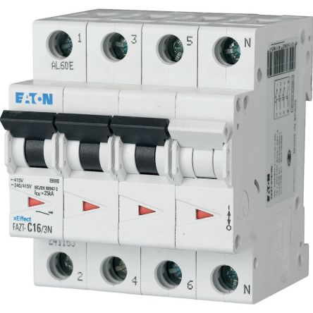 Eaton xEffect FAZ MCB, 3+N, 6A Curve D, 415V AC, 60V DC, 15 kA Breaking Capacity [241184 FAZT-D6/3N]; 253-972