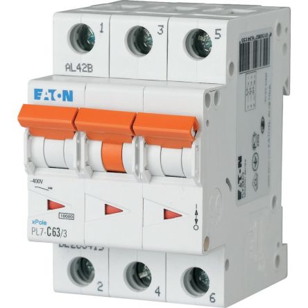 Eaton xPole - PXL PXL MCB, 3P, 63A Curve B, 400V AC, 10 kA Breaking Capacity [236406 PXL-B63/3]; 254-132
