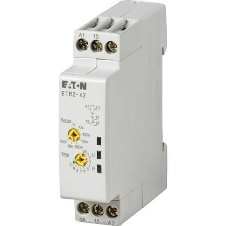 Eaton Series ETR2 Series DIN Rail Mount Timer Relay, 240V ac, 1-Contact, 0.05 → 3600000s, 1-Function [262688 ETR2-42]; 254-488
