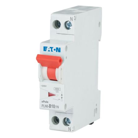 Eaton PLN6 PLN6 MCB, 1P, 10A Curve B, 230V AC, 6 kA Breaking Capacity [263270 PLN6-B10/1N-DE]; 254-495