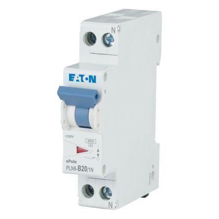 Eaton PLN6 PLN6 MCB, 1P, 20A Curve B, 230V AC, 6 kA Breaking Capacity [263273 PLN6-B20/1N-DE]; 254-497