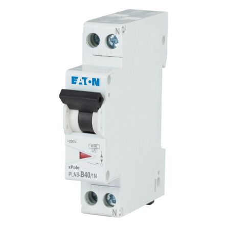 Eaton PLN6 PLN6 MCB, 1P, 40A Curve B, 230V AC, 6 kA Breaking Capacity [263276 PLN6-B40/1N-DE]; 254-498