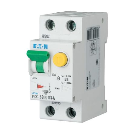 Eaton RCBO, 6A Current Rating, 1P + N Poles, 30mA Trip Sensitivity, Type C, xPole Range [236961 PXK-C6/1N/003-A]; 254-647