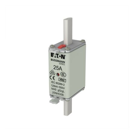 Eaton 25A NH Fuse, 58 x 30 x 125mm, 500V ac [25NHG0B NH FUSE 25A 500V GG/GL SIZE 0]; 255-163