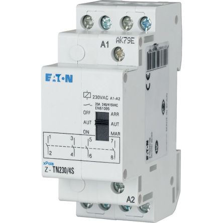 Eaton Z-TN Series Relay, DIN Rail Mount, 230V ac Coil, 4PST, 4-Pole, 20A Load [265579 Z-TN230/4S]; 255-361
