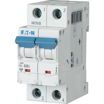 Eaton xPole - PXL PXL MCB, 2P, 20A Curve D, 400V AC, 10 kA Breaking Capacity [236345 PXL-D20/2]; 255-739