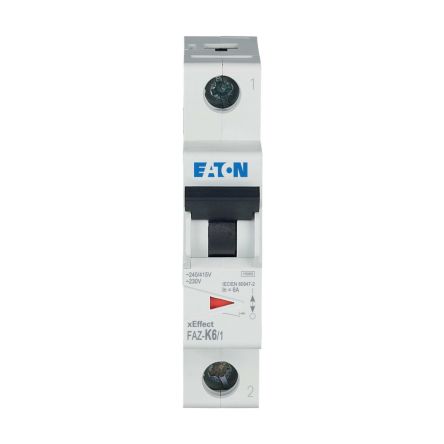 Eaton xEffect FAZ MCB, 1P, 6A Curve K, 230V AC, 48V DC, 10 kA Breaking Capacity [278595 FAZ-K6/1]; 256-686