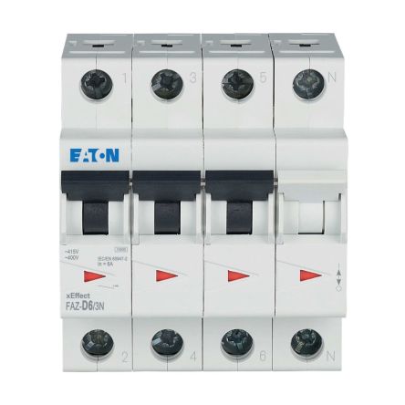 Eaton xEffect FAZ MCB, 3+N, 6A Curve D, 400V AC, 15 kA Breaking Capacity [278992 FAZ-D6/3N]; 256-732