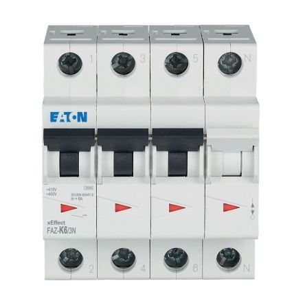 Eaton xEffect FAZ MCB, 3+N, 6A Curve K, 400V AC, 60V DC, 10 kA Breaking Capacity [279009 FAZ-K6/3N]; 256-737