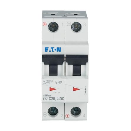 Eaton xEffect FAZ MCB, 2P, 20A Curve C, 250V DC, 10 kA Breaking Capacity [279141 FAZ-C20/2-DC]; 256-845