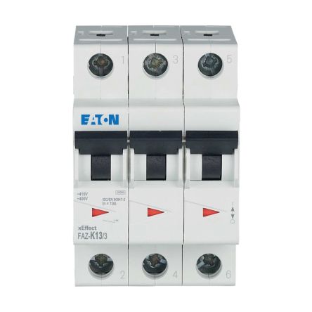 Eaton xEffect FAZ MCB, 3P, 13A Curve K, 400V AC, 60V DC, 10 kA Breaking Capacity [278910 FAZ-K13/3]; 256-943