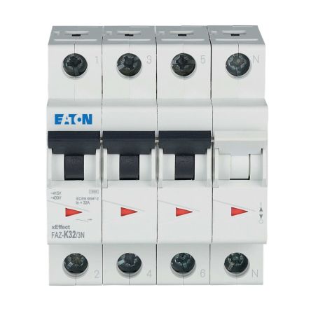 Eaton xEffect FAZ MCB, 3+N, 32A Curve K, 400V AC, 60V DC, 10 kA Breaking Capacity [279016 FAZ-K32/3N]; 257-015