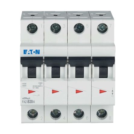 Eaton xEffect FAZ MCB, 4P, 20A Curve B, 400V AC, 60V DC, 10 kA Breaking Capacity [279036 FAZ-B20/4]; 257-021