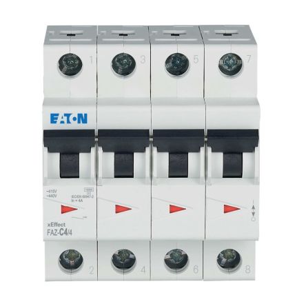 Eaton xEffect FAZ MCB, 4P, 4A Curve C, 400V AC, 60V DC, 10 kA Breaking Capacity [279053 FAZ-C4/4]; 257-025