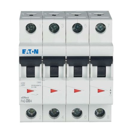 Eaton xEffect FAZ MCB, 4P, 8A Curve D, 400V AC, 60V DC, 10 kA Breaking Capacity [279079 FAZ-D8/4]; 257-034