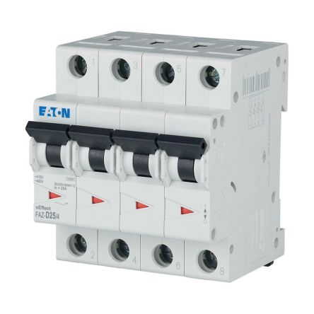Eaton xEffect FAZ MCB, 4P, 25A Curve D, 400V AC, 60V DC, 10 kA Breaking Capacity [279086 FAZ-D25/4]; 258-039