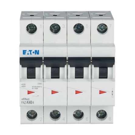 Eaton xEffect FAZ MCB, 4P, 40A Curve K, 400V AC, 60V DC, 7.5 kA Breaking Capacity [279103 FAZ-K40/4]; 258-045