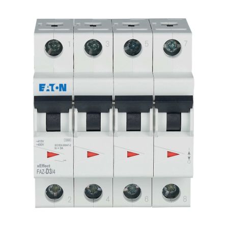 Eaton xEffect FAZ MCB, 4P, 3A Curve D, 400V AC, 10 kA Breaking Capacity [279074 FAZ-D3/4]; 258-248