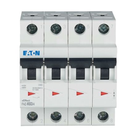 Eaton xEffect FAZ MCB, 4P, 63A Curve K, 400V AC, 60V DC, 7.5 kA Breaking Capacity [279105 FAZ-K63/4]; 258-257
