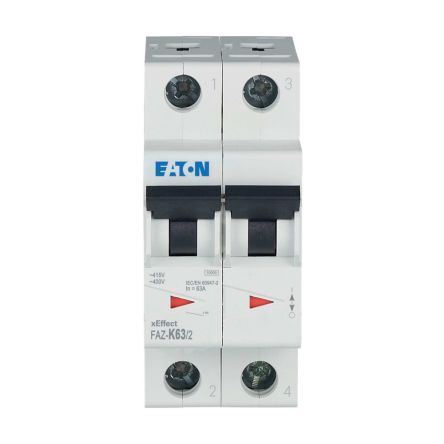 Eaton xEffect FAZ MCB, 2P, 63A Curve K, 400V AC, 96V DC, 10 kA Breaking Capacity [278804 FAZ-K63/2]; 258-361