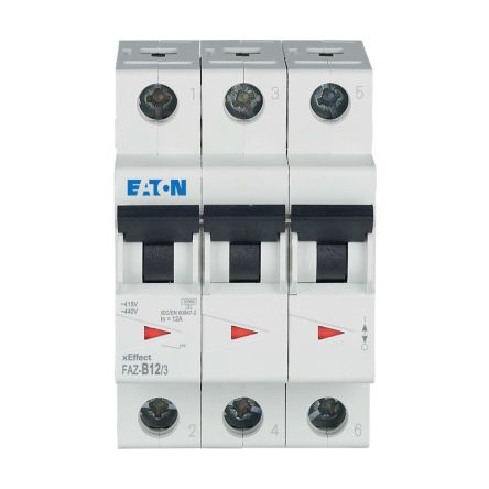 Eaton xEffect FAZ MCB, 3P, 12A Curve B, 400V AC, 60V DC, 10 kA Breaking Capacity [278844 FAZ-B12/3]; 258-371