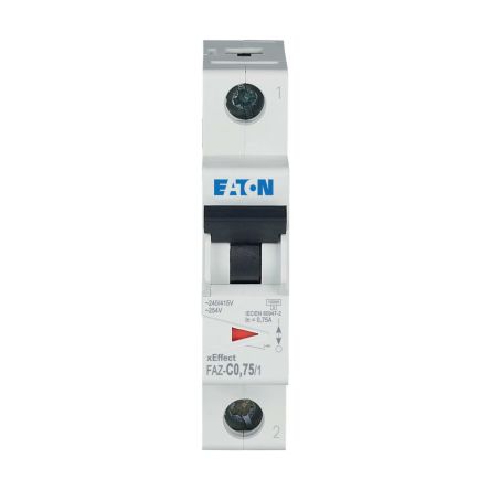 Eaton xEffect FAZ MCB, 1P, 750mA Curve C, 230V AC, 48V DC, 15 kA Breaking Capacity [278545 FAZ-C0,75/1]; 258-734