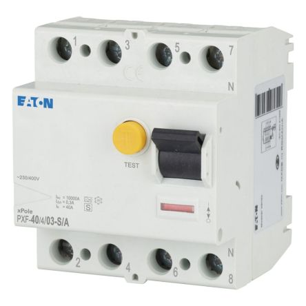 Eaton PXF RCCB, 40A, 4 Pole, 300mA, Type A, 230/400V ac [290225 PXF-40/4/03-S/A-BRD]; 258-840