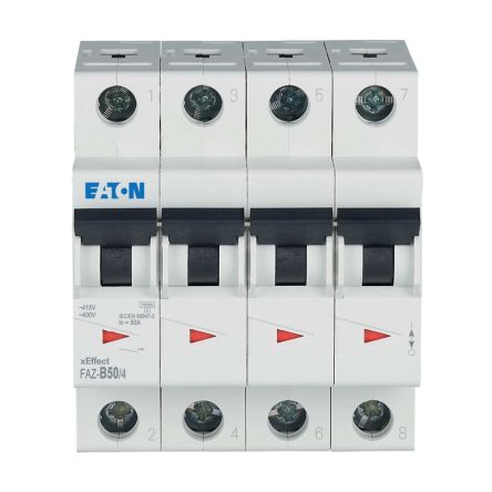Eaton xEffect FAZ MCB, 4P, 50A Curve B, 400V AC, 60V DC, 10 kA Breaking Capacity [279040 FAZ-B50/4]; 258-873