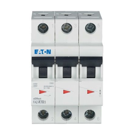 Eaton xEffect FAZ MCB, 3P, 10A Curve K, 400V AC, 60V DC, 10 kA Breaking Capacity [278909 FAZ-K10/3]; 259-022