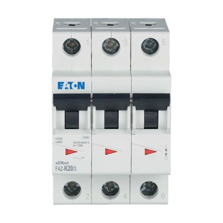 Eaton xEffect FAZ MCB, 3P, 20A Curve K, 400V AC, 60V DC, 6 kA Breaking Capacity [278912 FAZ-K20/3]; 259-023