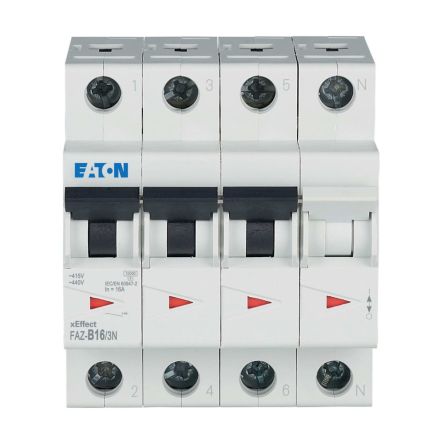 Eaton xEffect FAZ MCB, 3+N, 16A Curve B, 400V AC, 60V DC, 10 kA Breaking Capacity [278949 FAZ-B16/3N]; 259-036