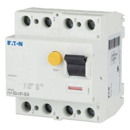 Eaton PXF RCCB, 63A, 4 Pole, 100mA, Type A, 230/400V ac [290226 PXF-63/4/01-S/A-BRD]; 259-095