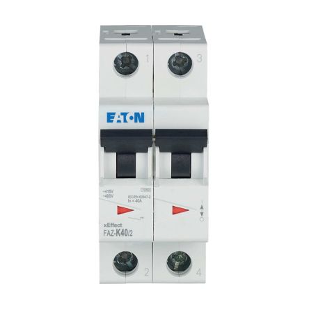 Eaton xEffect FAZ MCB, 2P, 40A Curve K, 400V AC, 96V DC, 7.5 kA Breaking Capacity [278802 FAZ-K40/2]; 259-189
