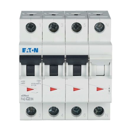 Eaton xEffect FAZ MCB, 3+N, 2A Curve C, 400V AC, 60V DC, 10 kA Breaking Capacity [278963 FAZ-C2/3N]; 259-611