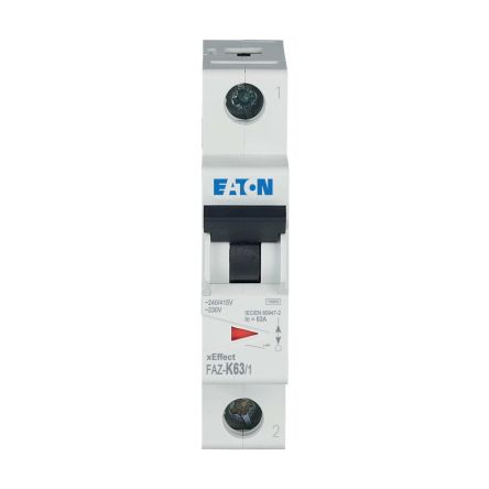 Eaton xEffect FAZ MCB, 1P, 63A Curve K, 230V AC, 10 kA Breaking Capacity [278605 FAZ-K63/1]; 259-712
