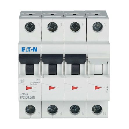 Eaton xEffect FAZ MCB, 3+N, 500mA Curve D, 400V AC, 10 kA Breaking Capacity [278982 FAZ-D0,5/3N]; 259-752