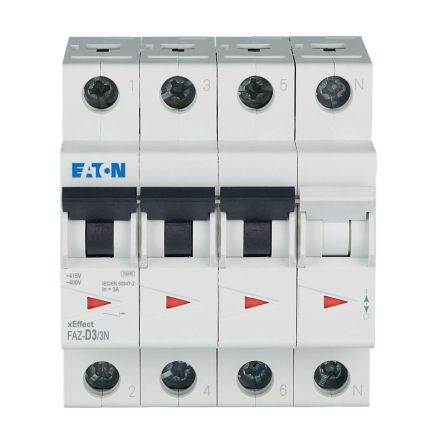 Eaton xEffect FAZ MCB, 3+N, 3A Curve D, 400V AC, 10 kA Breaking Capacity [278988 FAZ-D3/3N]; 259-755