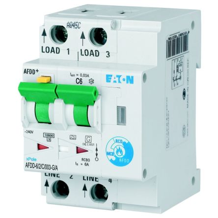 Eaton RCBO, 10kA Current Rating, 2P Poles, Type C, AFDD Range [MB-300138 AFDD-6/2/C/003-G/A]; 261-390