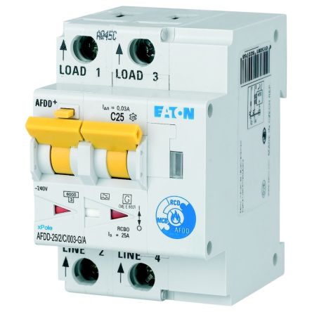 Eaton RCBO, 10kA Current Rating, 2P Poles, Type C, AFDD Range [MB-300155 AFDD-25/2/C/003-G/A]; 261-661