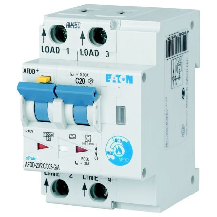 Eaton RCBO, 10kA Current Rating, 2P Poles, Type C, AFDD Range [MB-300153 AFDD-20/2/C/003-G/A]; 262-462