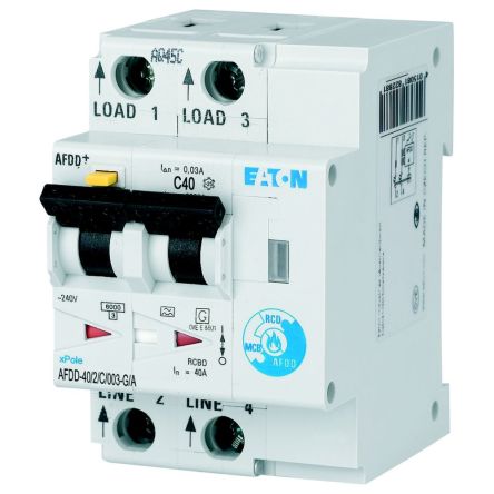 Eaton RCBO, 6kA Current Rating, 2P Poles, Type C, AFDD Range [MB-300159 AFDD-40/2/C/003-G/A]; 262-464