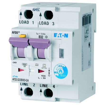 Eaton RCBO, 6kA Current Rating, 2P Poles, Type B, AFDD Range [MB-300174 AFDD-32/2/B/003-G/A]; 262-467