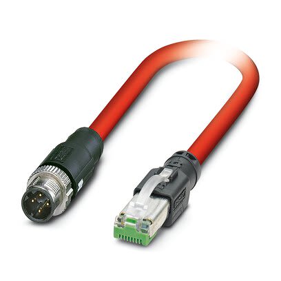 Phoenix ContactNBC, 5m Cat5, Red M12 to Male RJ45, Aluminium Foil, Tinned Copper Braid Shielded, Terminated PVC Sheath [1411518]; 280-187