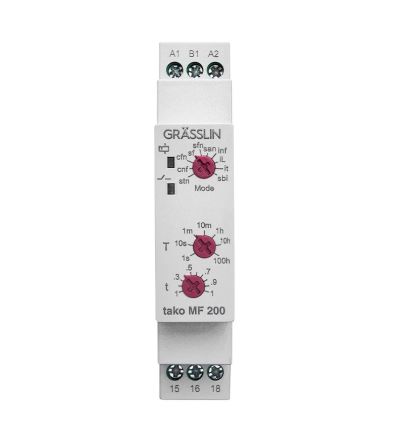 Grasslin Tako MF 200 Series DIN Rail Mount Timer Relay, 12 → 230V ac, 0.1 → 3600000s [40.01.0001.1]; 286-849