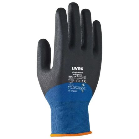 uvex phynomic wet plus Black, Blue Elastane, Polyamide Damp Environment Work Gloves, Size 9, Aqua-Polymer Foam Coating [6006109]; 288-107