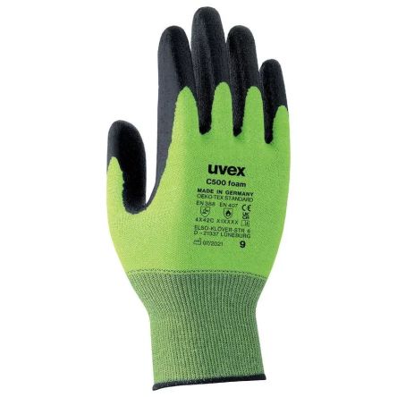 uvex C500 foam Black, Green Bamboo, Fibreglass, HPPE, Polyamide Damp Environment Work Gloves, Size 10, Foam, HPE Coating [6049410]; 288-110